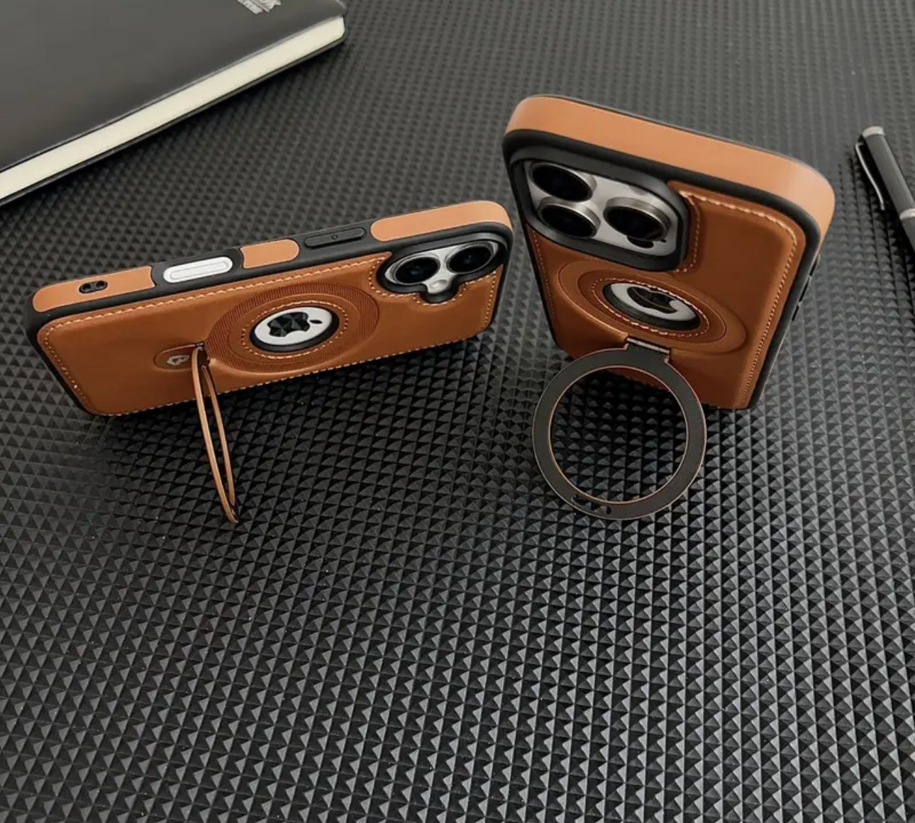 📱 Coque iPhone cuir MagSafe avec support anneau 360°