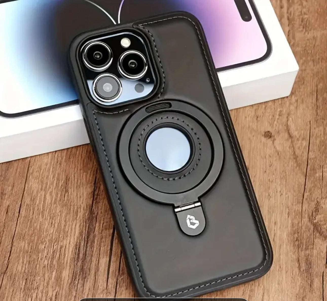 📱 Coque iPhone cuir MagSafe avec support anneau 360°