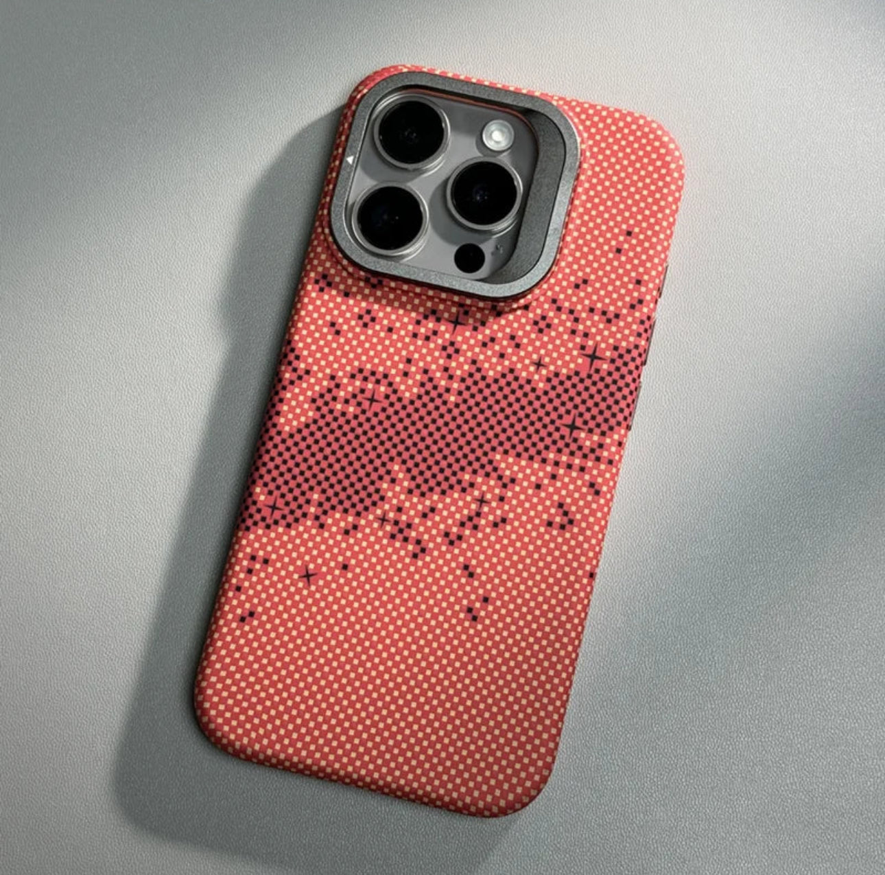 Coque MagSafe avec support d'objectif en alliage, chargement sans fil, Pixels Bergame, coque arrière rigide, iPhone 15 pro max/14Pro Max