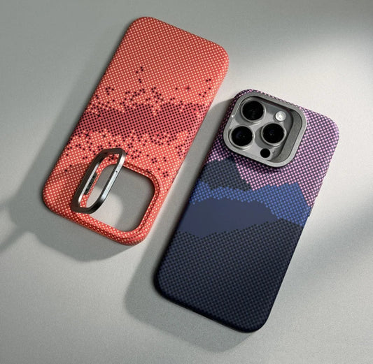 Coque MagSafe avec support d'objectif en alliage, chargement sans fil, Pixels Bergame, coque arrière rigide, iPhone 15 pro max/14Pro Max