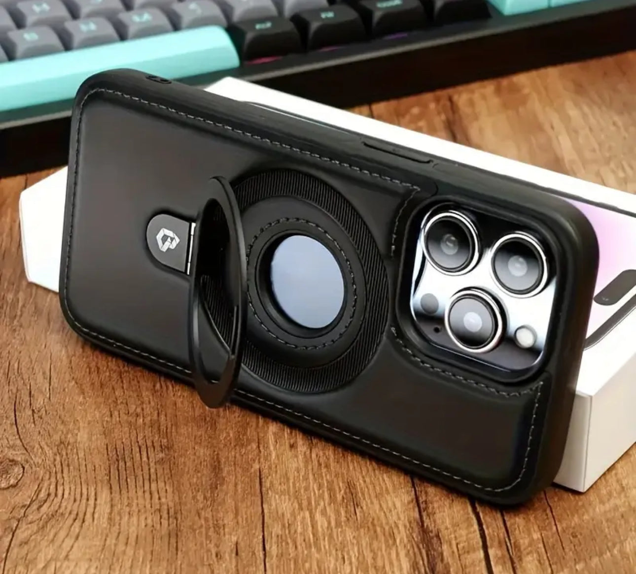 📱 Coque iPhone cuir MagSafe avec support anneau 360°