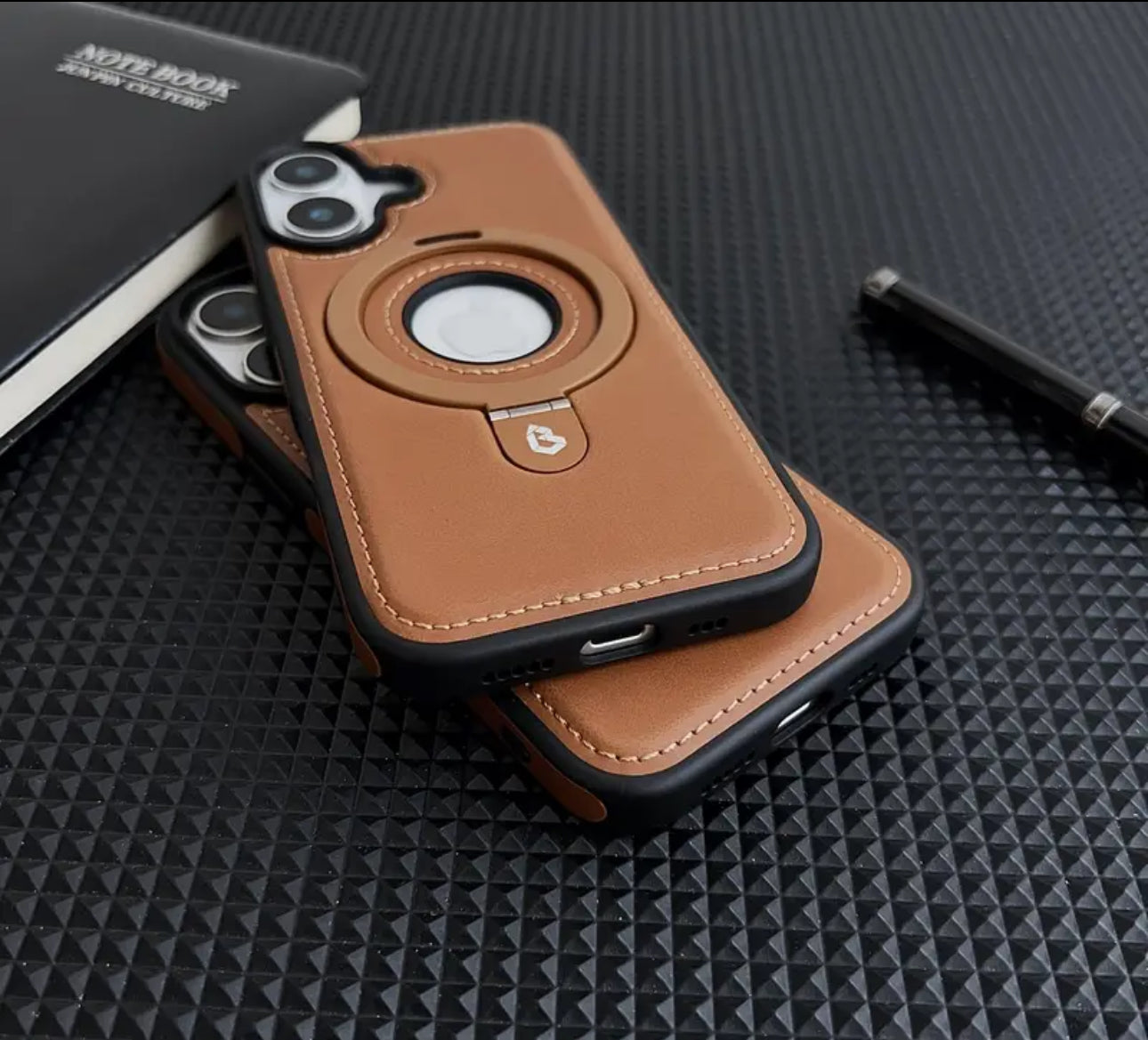 📱 Coque iPhone cuir MagSafe avec support anneau 360°