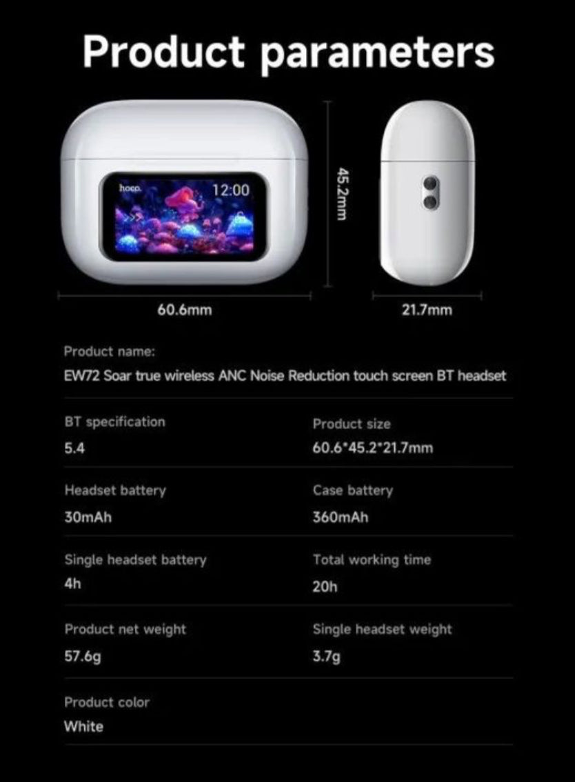Écouteurs Bluetooth Hoco EW72 TWS avec Écran HD et ANC